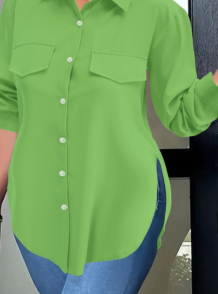 Plus Size Chic Blouse with Flowy Curved Hem - Fashionable Button Front & Classic Collar - Perfect Casual Wear for Spring - Womens Plus Size Clothing