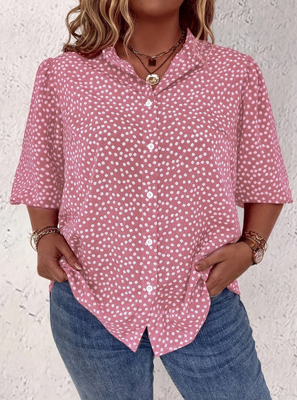 Plus Size Women's Casual Shirt - Floral Print Front Button-Up Blouse with Puff Sleeves, Stand-Up Collar & Lightweight Breathable Fabric for Summer, Machine Washable H-Line Silhouette (Elegant Collection), Relaxed Fit Clothing