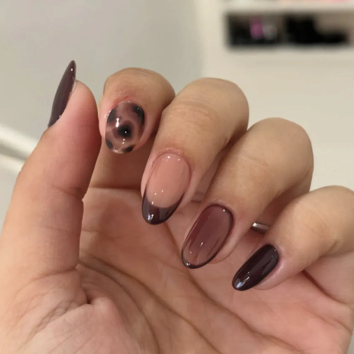 Autumn Almond False Nails 24Pcs Glossy Brown Leopard