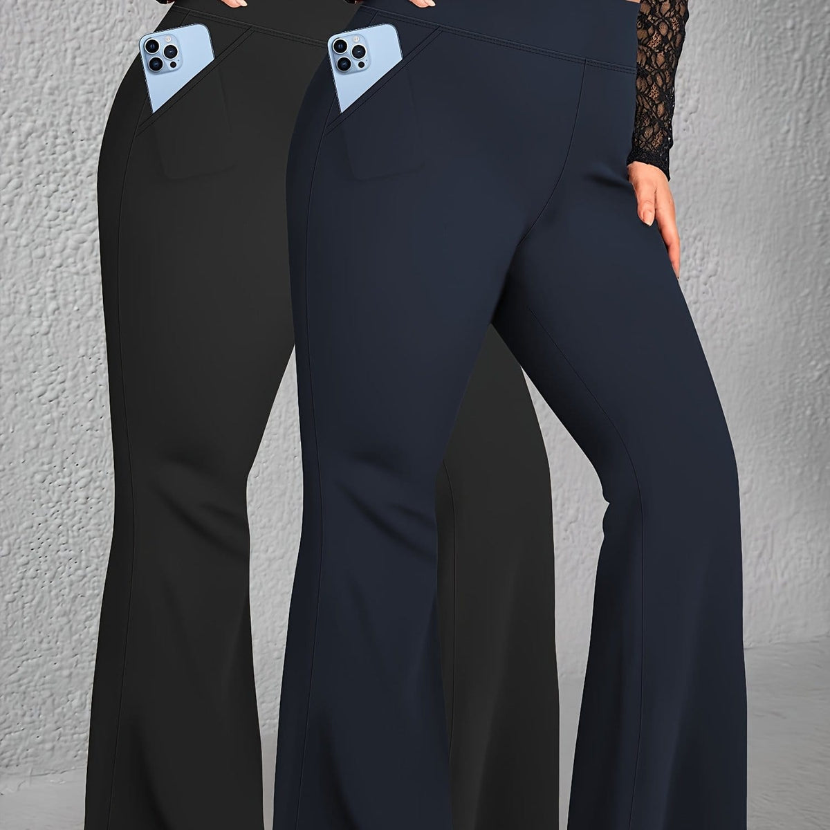 jkthpu-45 1 Black 1 Navy / UK 18 2pcs Set - Large Size High Waist Flare
