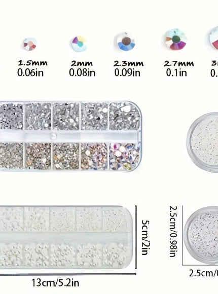 KissICON 1 Box Of Flat Bottom Diamonds (white + AB) 1 Box Of Pearls 2 Round Bottles Of Micro Zirconium (AB + White) KissIcon Flatback Nail Art Pearls Rhinestones - Mixed