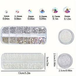 KissICON 1 Box Of Flat Bottom Diamonds (white + AB) 1 Box Of Pearls 2 Round Bottles Of Micro Zirconium (AB + White) KissIcon Flatback Nail Art Pearls Rhinestones - Mixed