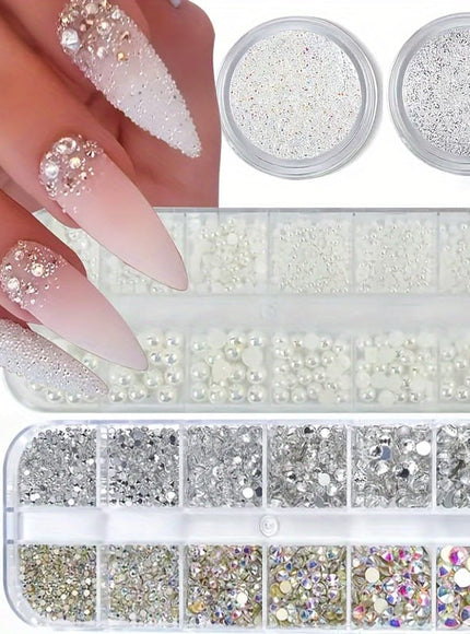KissICON 1 Box Of Flat Bottom Diamonds (white + AB) 1 Box Of Pearls 2 Round Bottles Of Micro Zirconium (AB + White) KissIcon Flatback Nail Art Pearls Rhinestones - Mixed