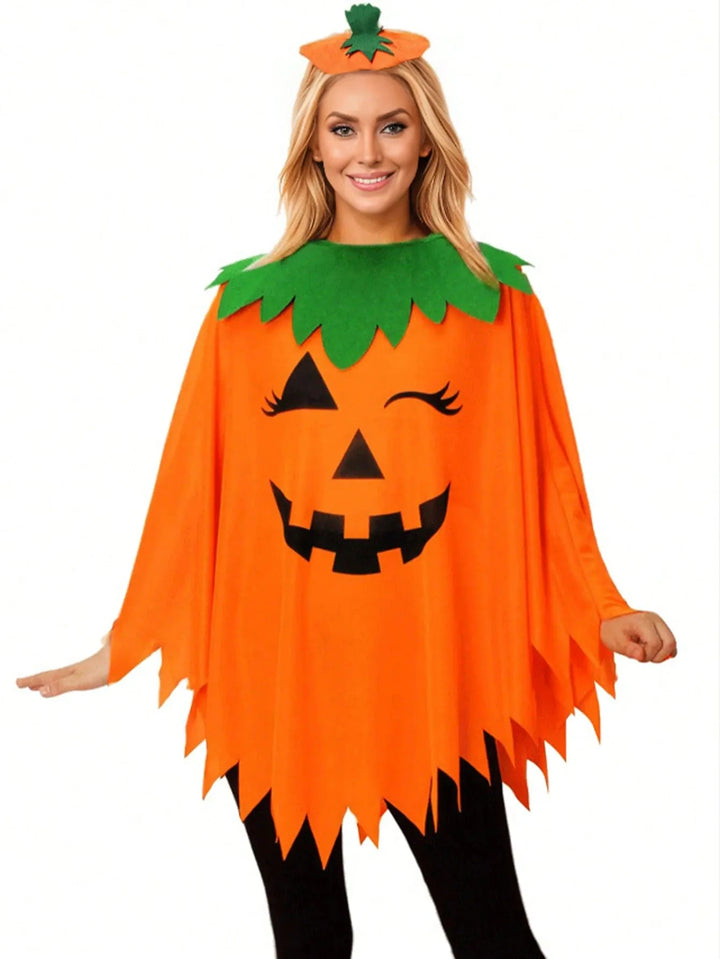 Womens Halloween Pumpkin Cape and Headwear Costume Set