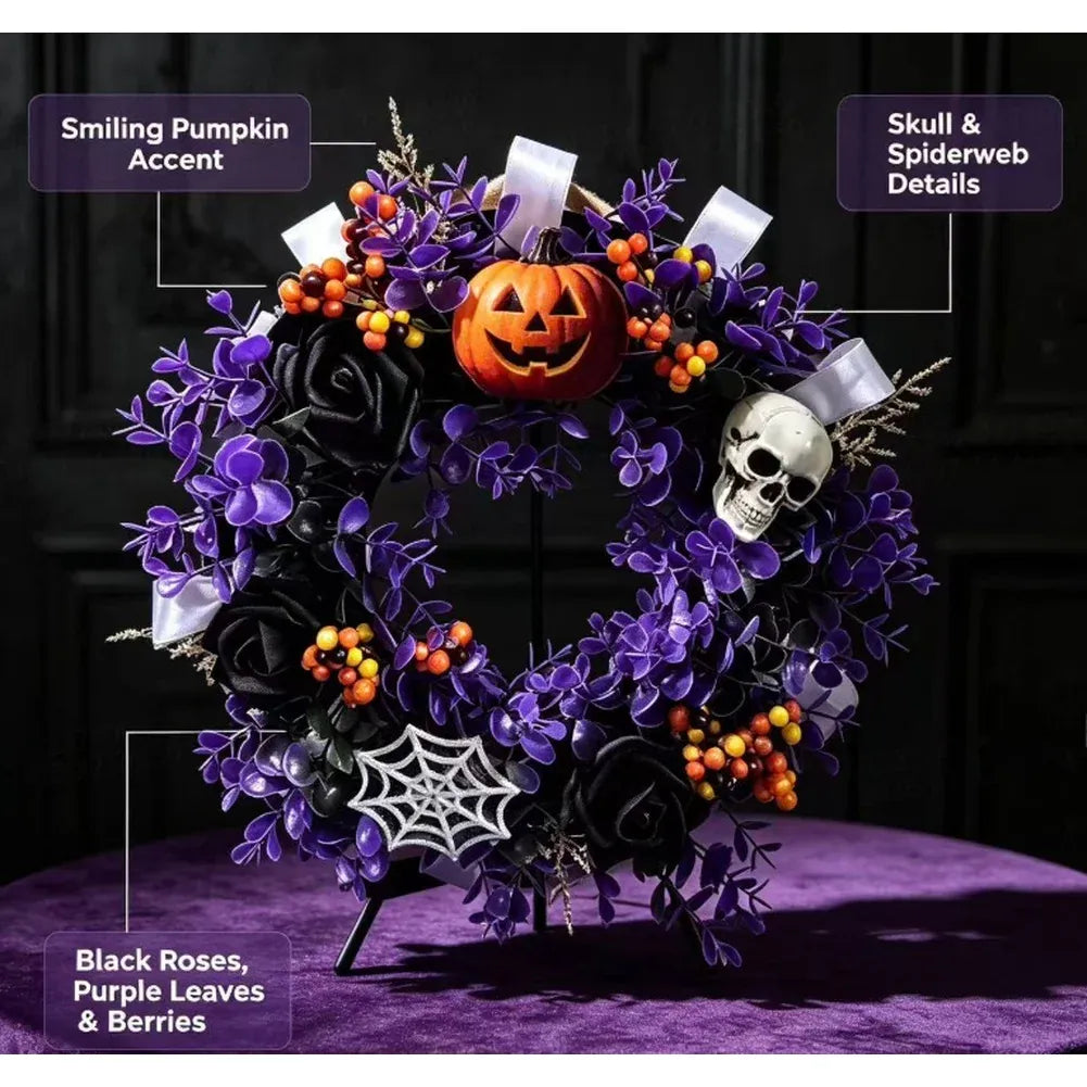KissICON 1 / China Mainland Halloween Themed Party Wall Home Decor Black Purple Artificial Flower Wreath Front Door Indoor Outdoor Hanging Holiday Accessory