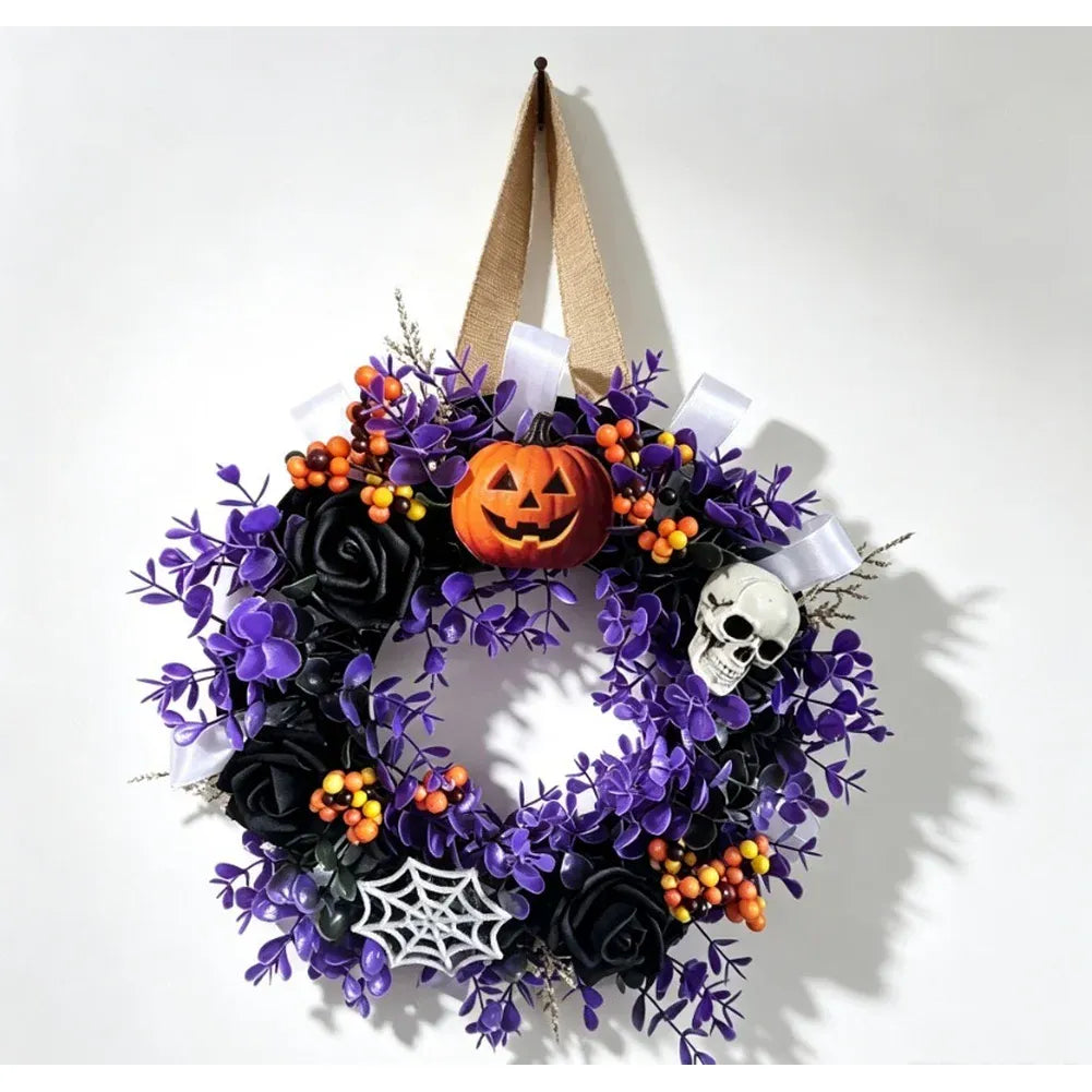 KissICON 1 / China Mainland Halloween Themed Party Wall Home Decor Black Purple Artificial Flower Wreath Front Door Indoor Outdoor Hanging Holiday Accessory