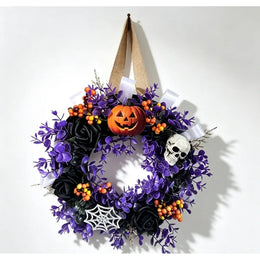 KissICON 1 / China Mainland Halloween Themed Party Wall Home Decor Black Purple Artificial Flower Wreath Front Door Indoor Outdoor Hanging Holiday Accessory