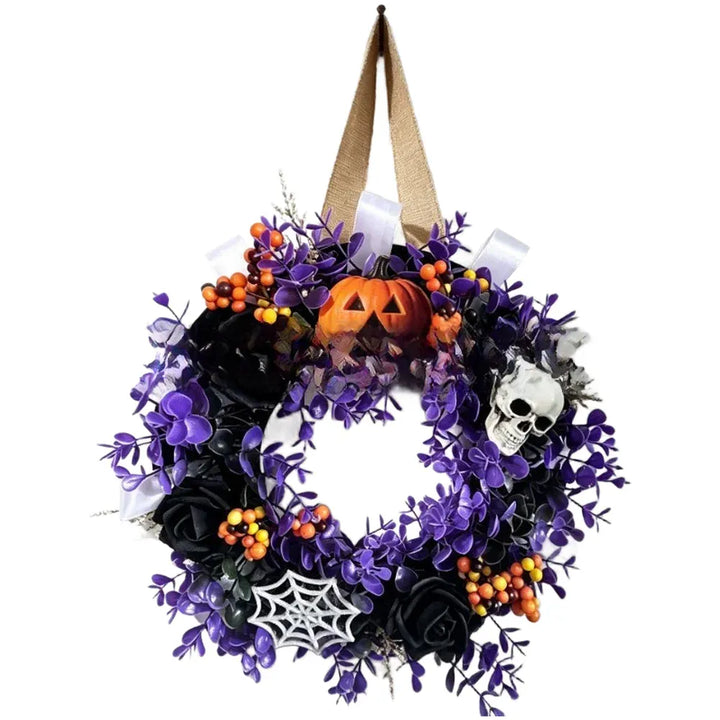Halloween Themed Party Wall Home Decor Black Purple Artificial Flower Wreath Front Door Indoor Outdoor Hanging Holiday Accessory