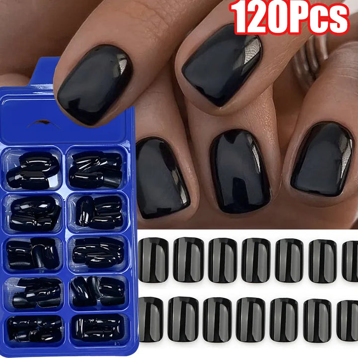 KissIcon 120Pcs Black Square Nails - Glossy Finish