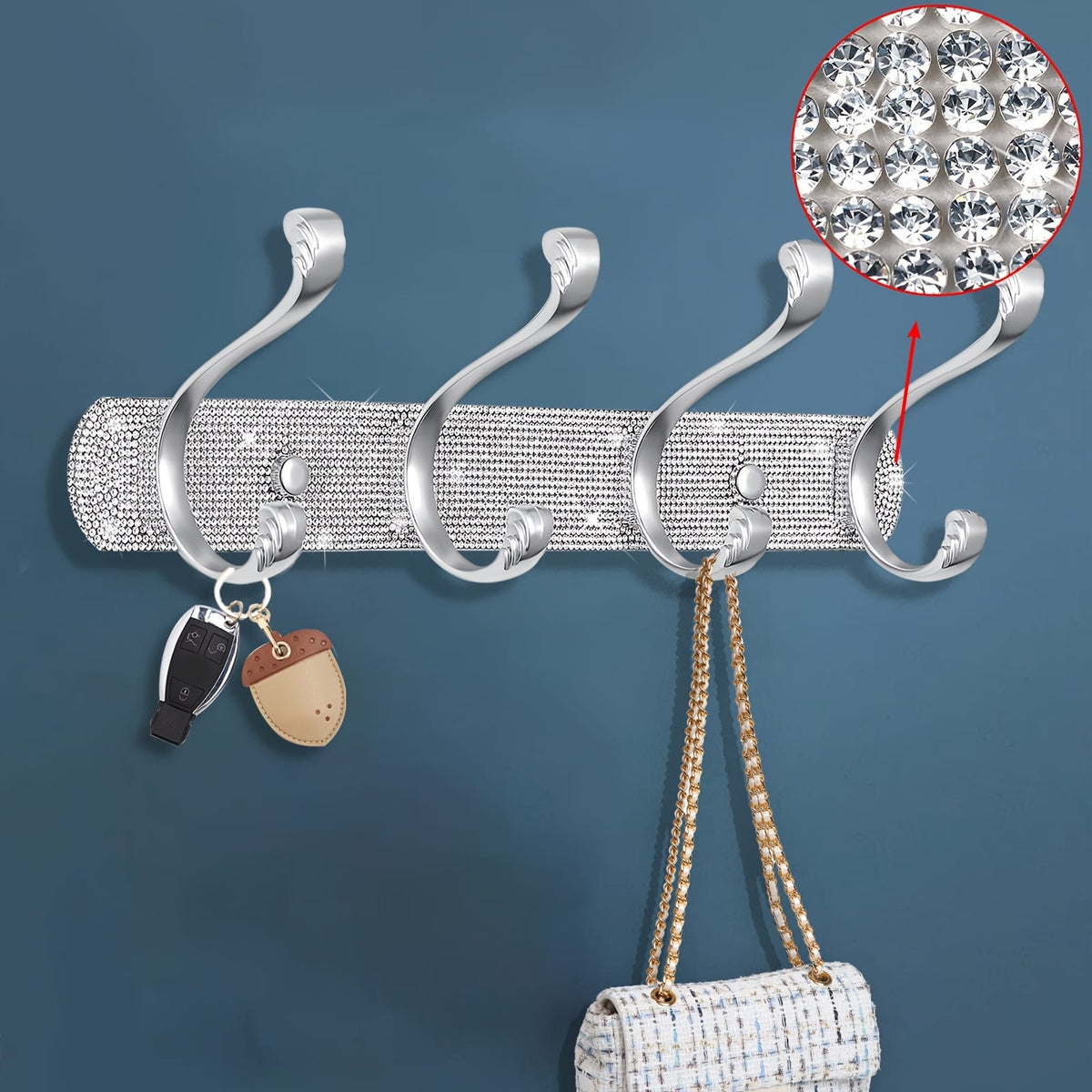 jkthpu-45 1 Pcs 4 Hooks Wall-Mounted Hanger - Shiny Silvery Rhinestone - 5 Hooks Wall-Mounted - Key Hook Wall Decoration - Suitable for Hanging Hats, Towels, Wallets, Bathrobes