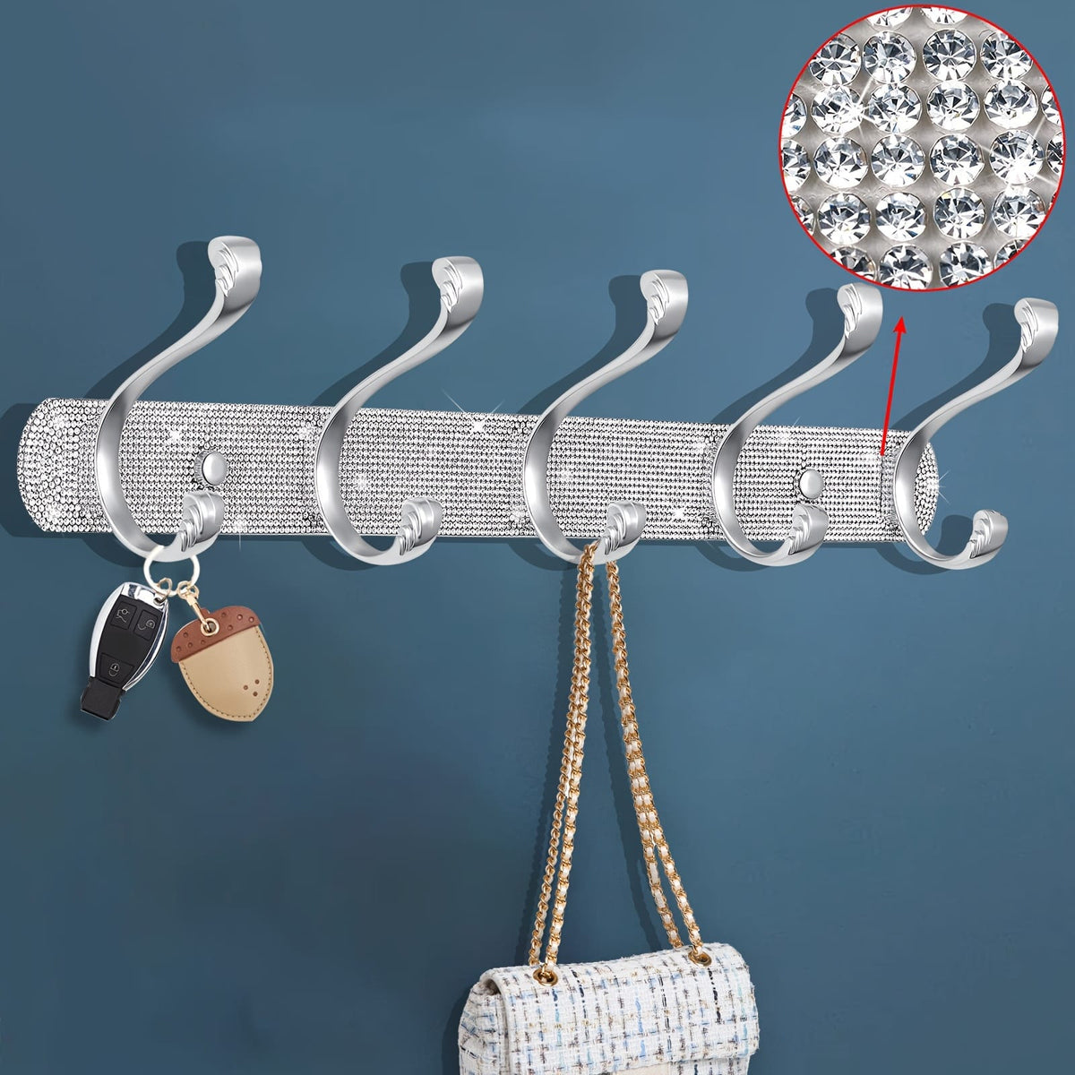 jkthpu-45 1 Pcs 5 Hooks Wall-Mounted Hanger - Shiny Silvery Rhinestone - 5 Hooks Wall-Mounted - Key Hook Wall Decoration - Suitable for Hanging Hats, Towels, Wallets, Bathrobes