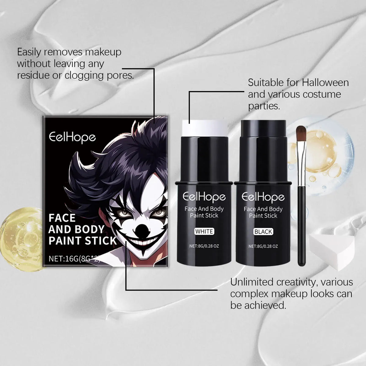 KissICON 1 Set Halloween Face Painting Kit Black White Body Paint Set DIY Cosplay Foundation Clown Colorful Lasting Waterproof Festive Makeup