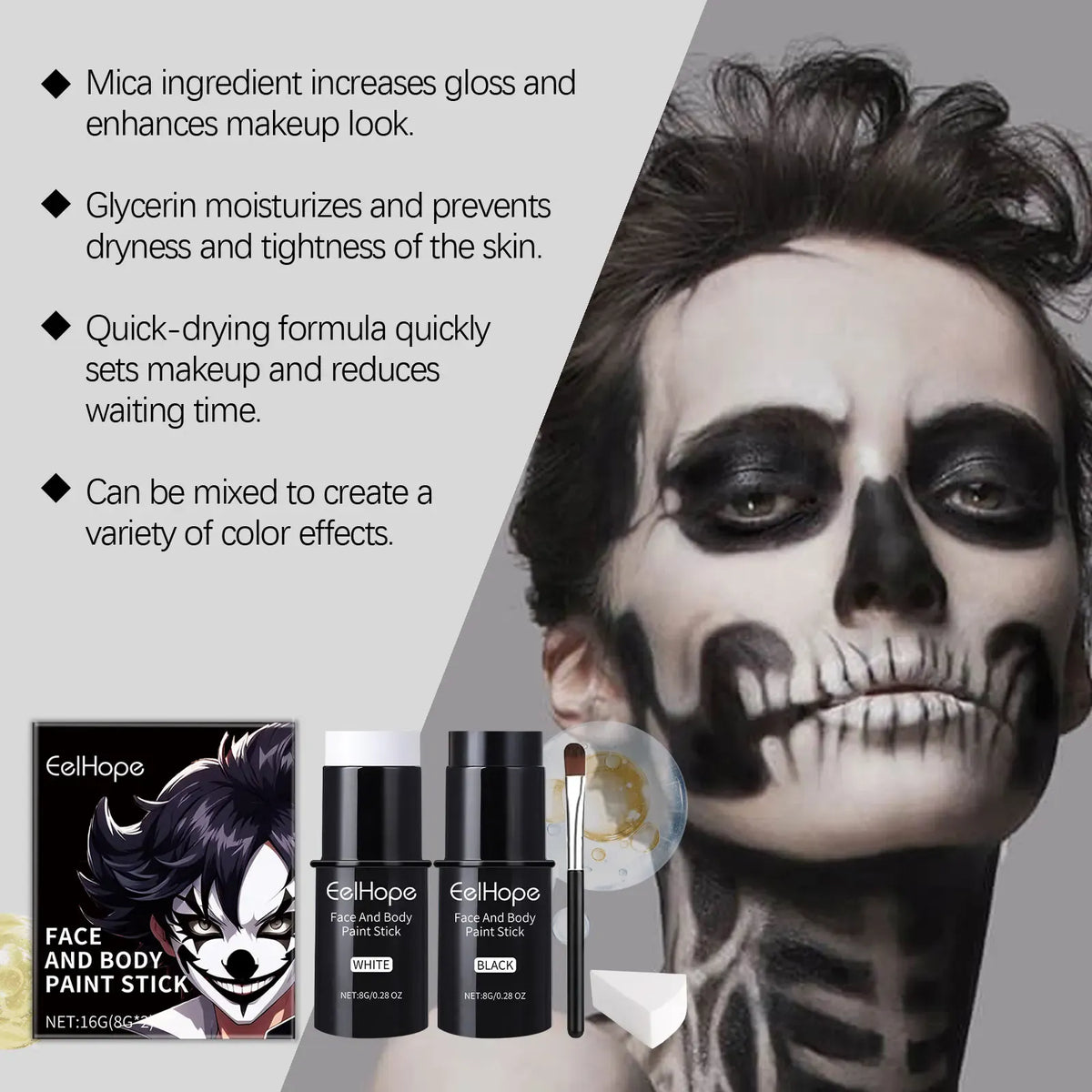 KissICON 1 Set Halloween Face Painting Kit Black White Body Paint Set DIY Cosplay Foundation Clown Colorful Lasting Waterproof Festive Makeup