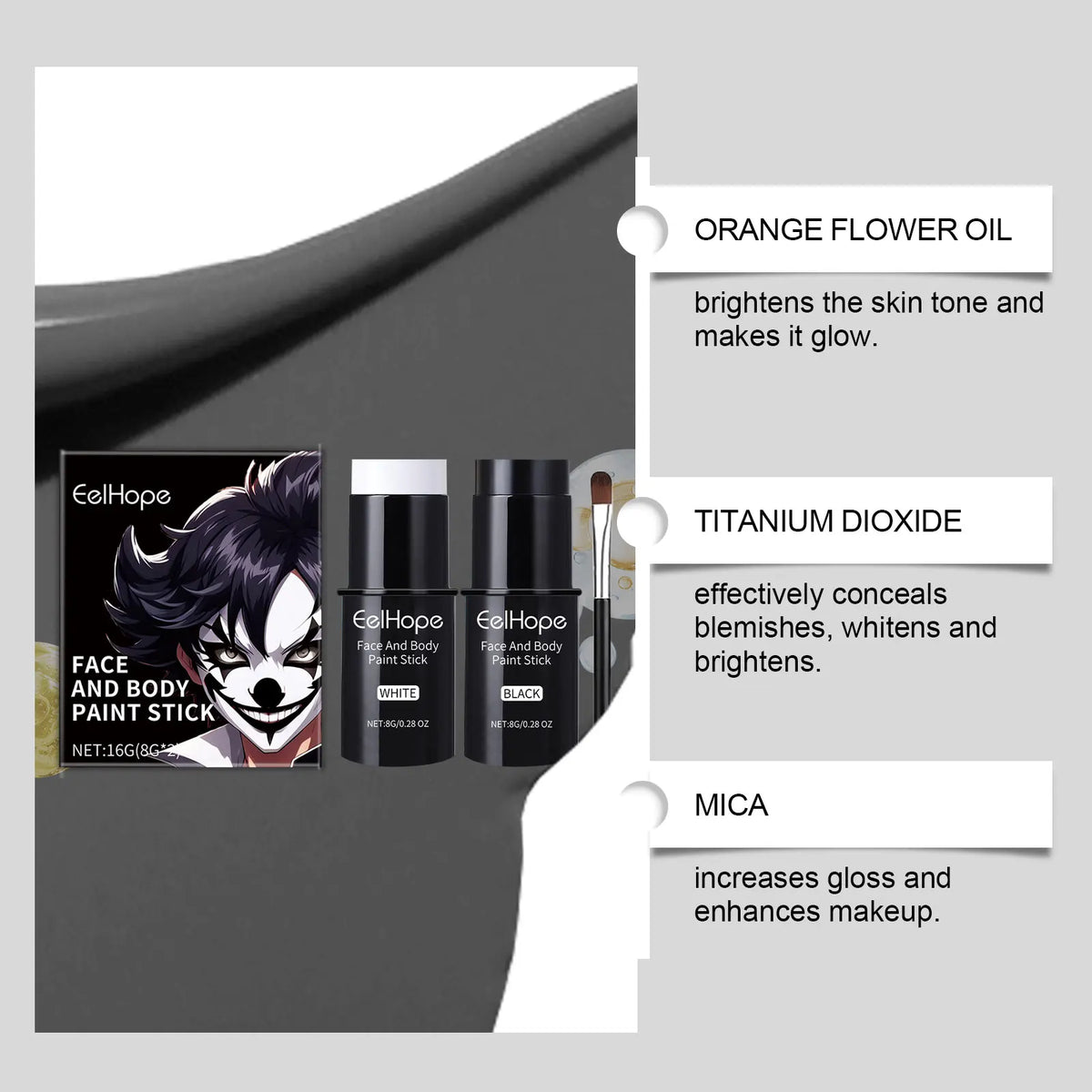 KissICON 1 Set Halloween Face Painting Kit Black White Body Paint Set DIY Cosplay Foundation Clown Colorful Lasting Waterproof Festive Makeup
