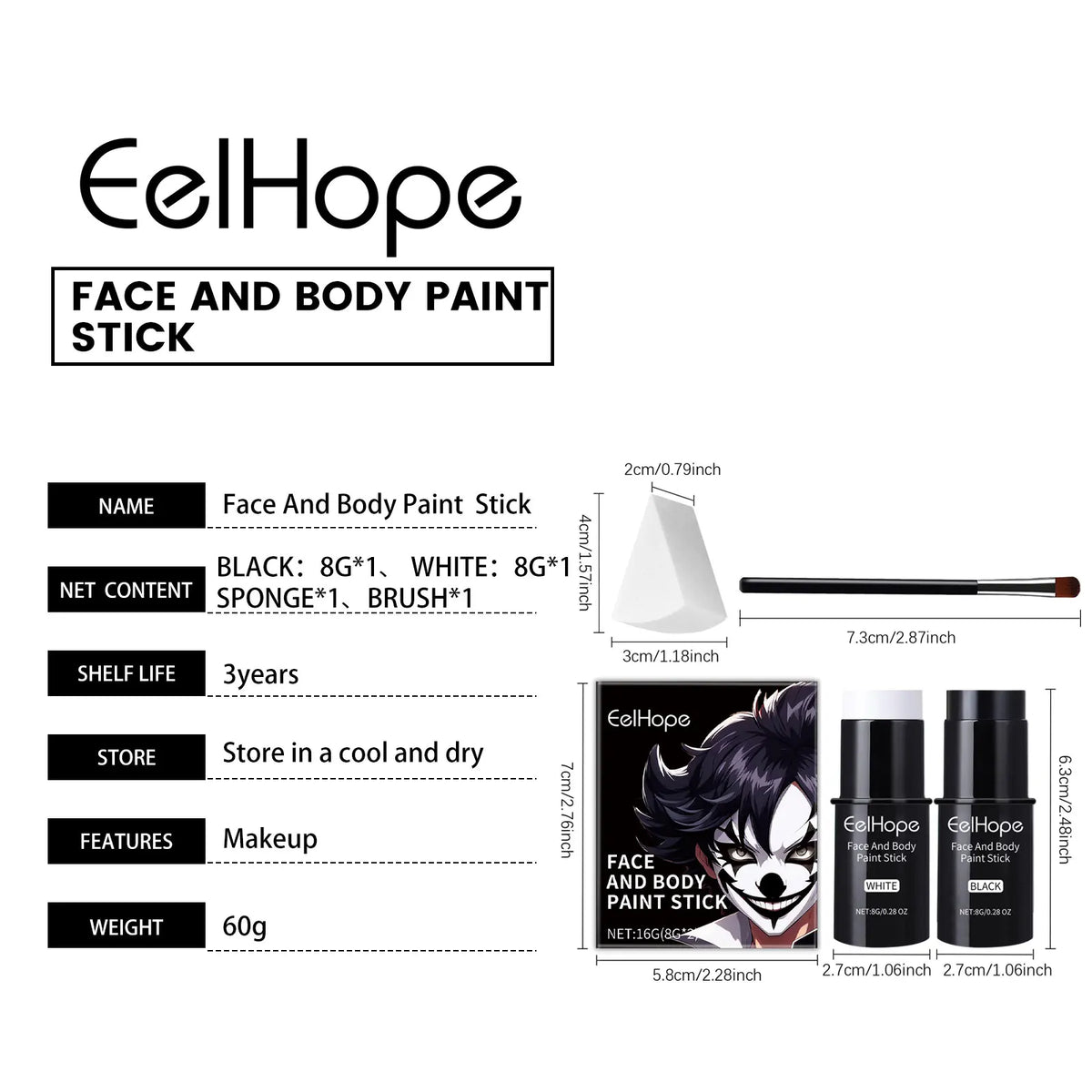 KissICON 1 Set Halloween Face Painting Kit Black White Body Paint Set DIY Cosplay Foundation Clown Colorful Lasting Waterproof Festive Makeup