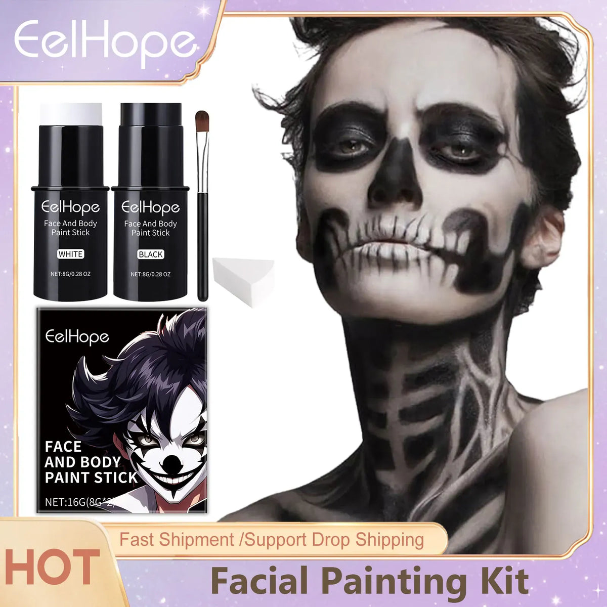 KissICON 1 Set Halloween Face Painting Kit Black White Body Paint Set DIY Cosplay Foundation Clown Colorful Lasting Waterproof Festive Makeup