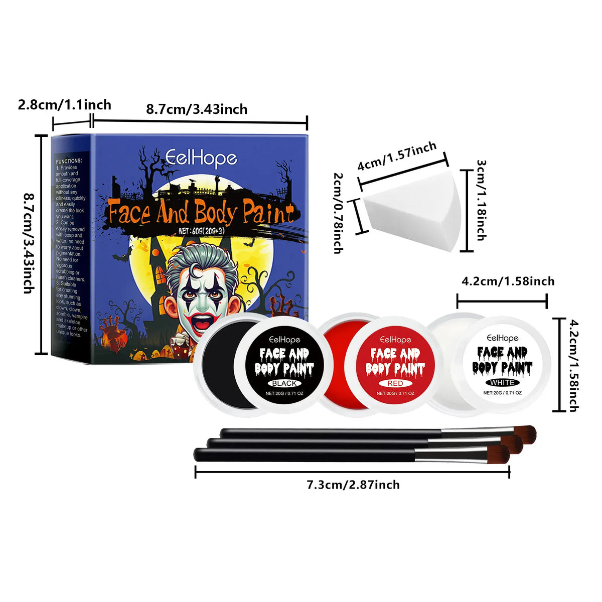 KissICON 1 set Halloween Face Painting Kit Highly Pigmented Face Body Brushes Face Paint for DIY Cosplay Theme Parties Body Makeup Clown