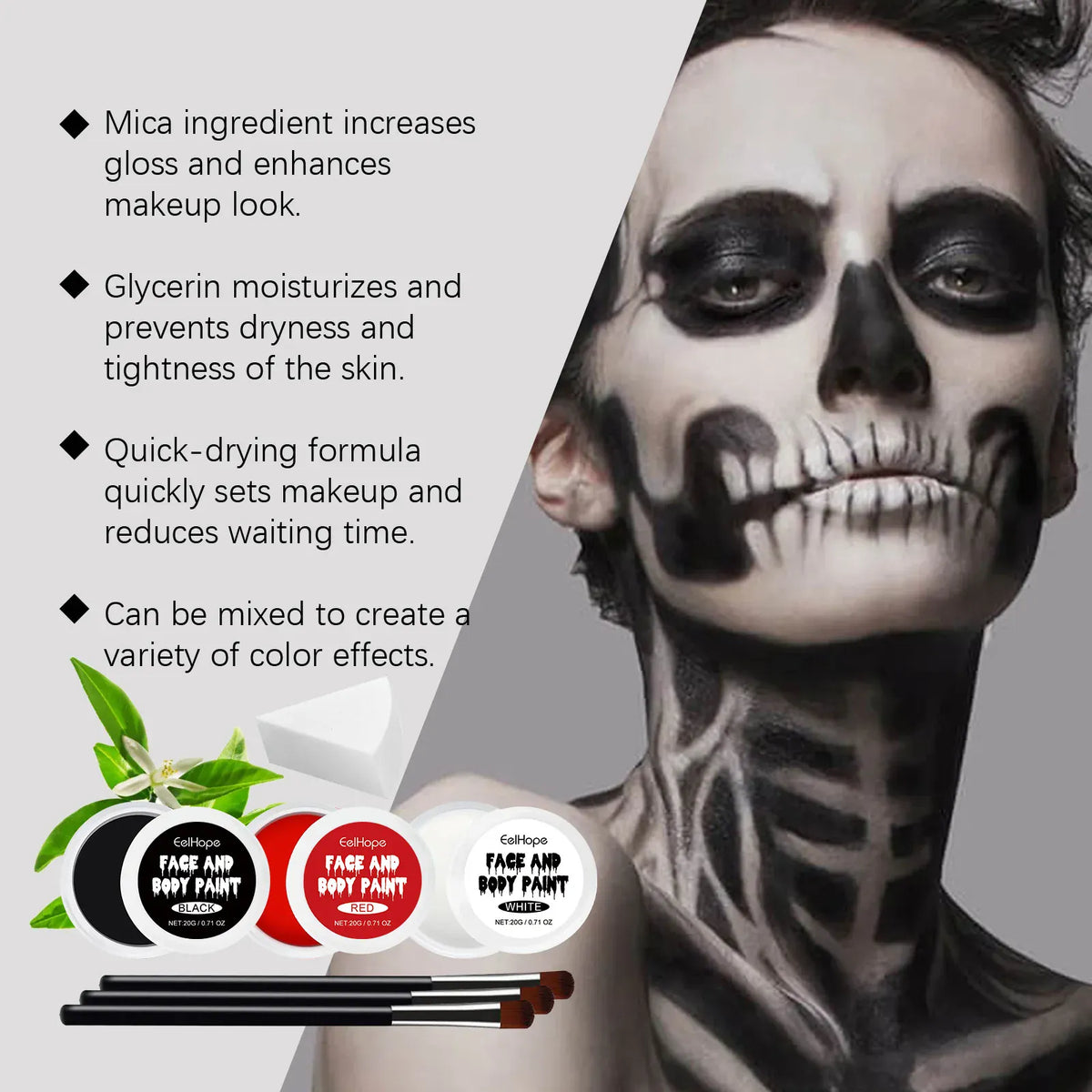KissICON 1 set Halloween Face Painting Kit Highly Pigmented Face Body Brushes Face Paint for DIY Cosplay Theme Parties Body Makeup Clown
