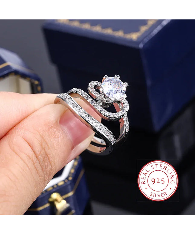KissICON 10 2024 Hot Sale Hot Sale 2pcs Ring Set Geometric Zircon Double Layer Women's Ring Engagement Bridal Jewelry Couple 925 Ring