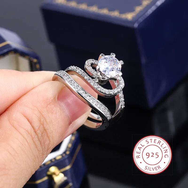 KissICON 10 2024 Hot Sale Hot Sale 2pcs Ring Set Geometric Zircon Double Layer Women's Ring Engagement Bridal Jewelry Couple 925 Ring