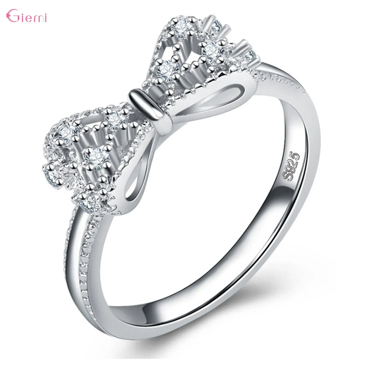 KissICON 10 925 Sterling Silver Bowknot Bow Knot Cubic Zirconia Rhinestone Rings For Women Fashion Trendy Wedding Engagement Jewelry