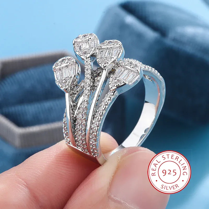 KissICON 10 Fashion S925 Silver Plated Luxury Bold Big Wedding Ring Set for Bridal Women Engagement Finger Christmas Gift Jewelry