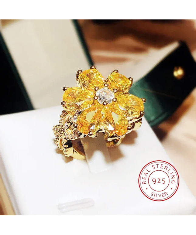 KissICON 10 💋 New Women's Ring Yellow Zircon Flower - Silver Plated