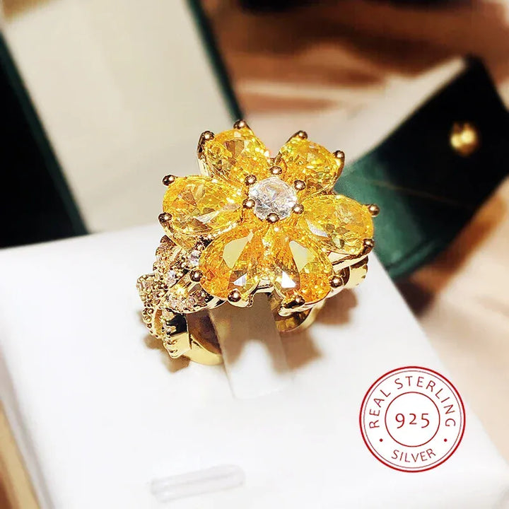 💋 New Women's Ring Yellow Zircon Flower - Silver Plated