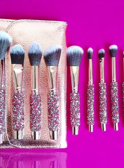 KissICON 10 Pink Makeup Brushes + 1 Brush Bag Pink Rhinestone Makeup Brush Set – Pouch