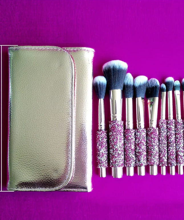 KissICON 10 Pink Makeup Brushes + 1 Brush Bag Pink Rhinestone Makeup Brush Set – Pouch