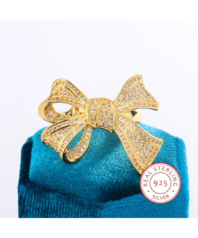 KissICON 10 Yellow Gold Diamond Bow Ring 925 Silver Delicate Luxury Gift