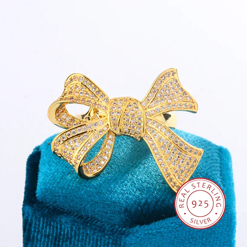 KissICON 10 Yellow Gold Diamond Bow Ring 925 Silver Delicate Luxury Gift