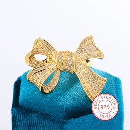 KissICON 10 Yellow Gold Diamond Bow Ring 925 Silver Delicate Luxury Gift