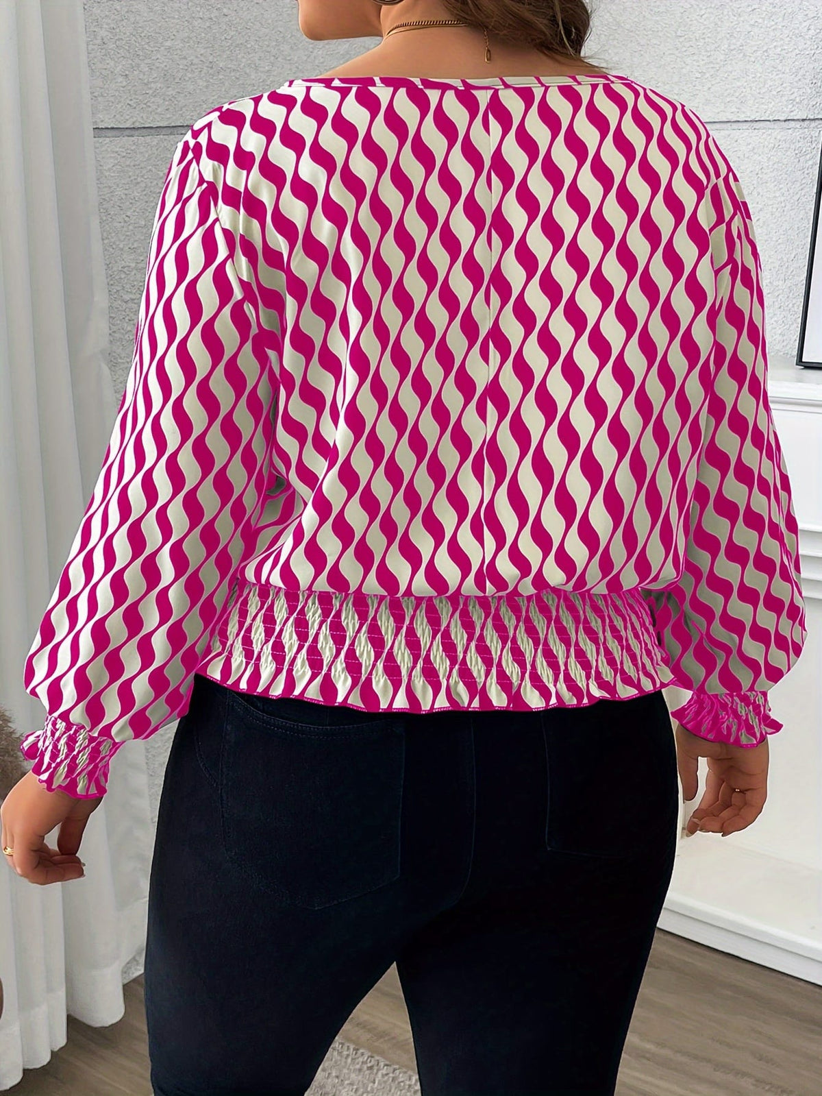 KissICON 100% Polyester Elegant Plus Size Blouses for Women - Crew Neck Shirred Oversized Woven Print Shirt with Non-Stretch Fabric for All Seasons