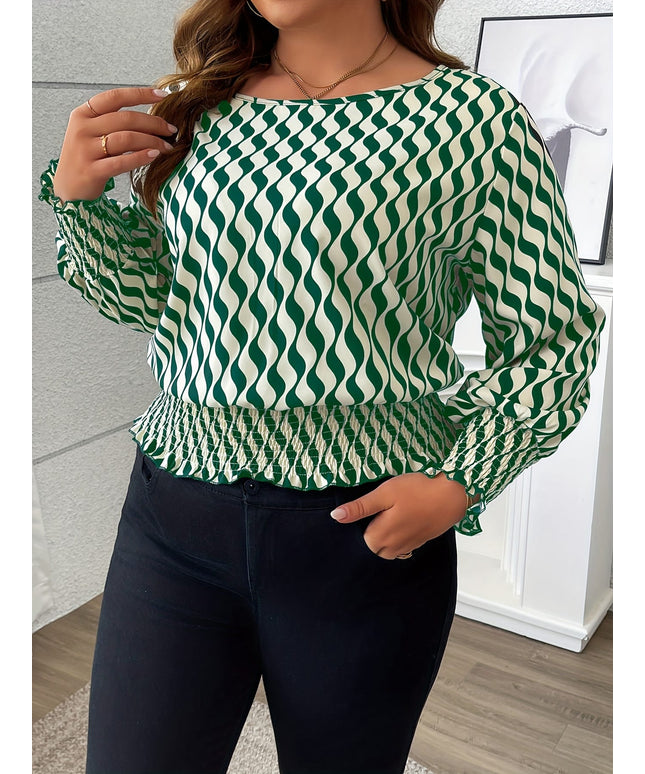KissICON 100% Polyester Elegant Plus Size Blouses for Women - Crew Neck Shirred Oversized Woven Print Shirt with Non-Stretch Fabric for All Seasons