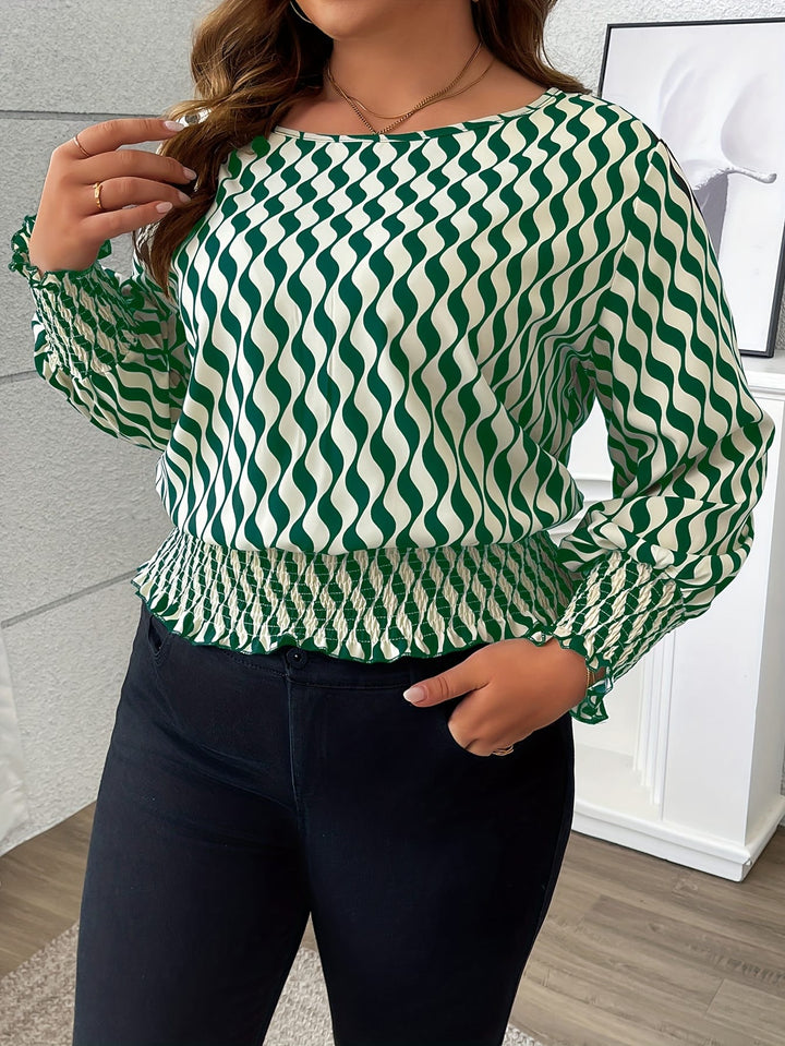 100% Polyester Elegant Plus Size Blouses for Women - Crew Neck Shirred Oversized Woven Print Shirt with Non-Stretch Fabric for All Seasons