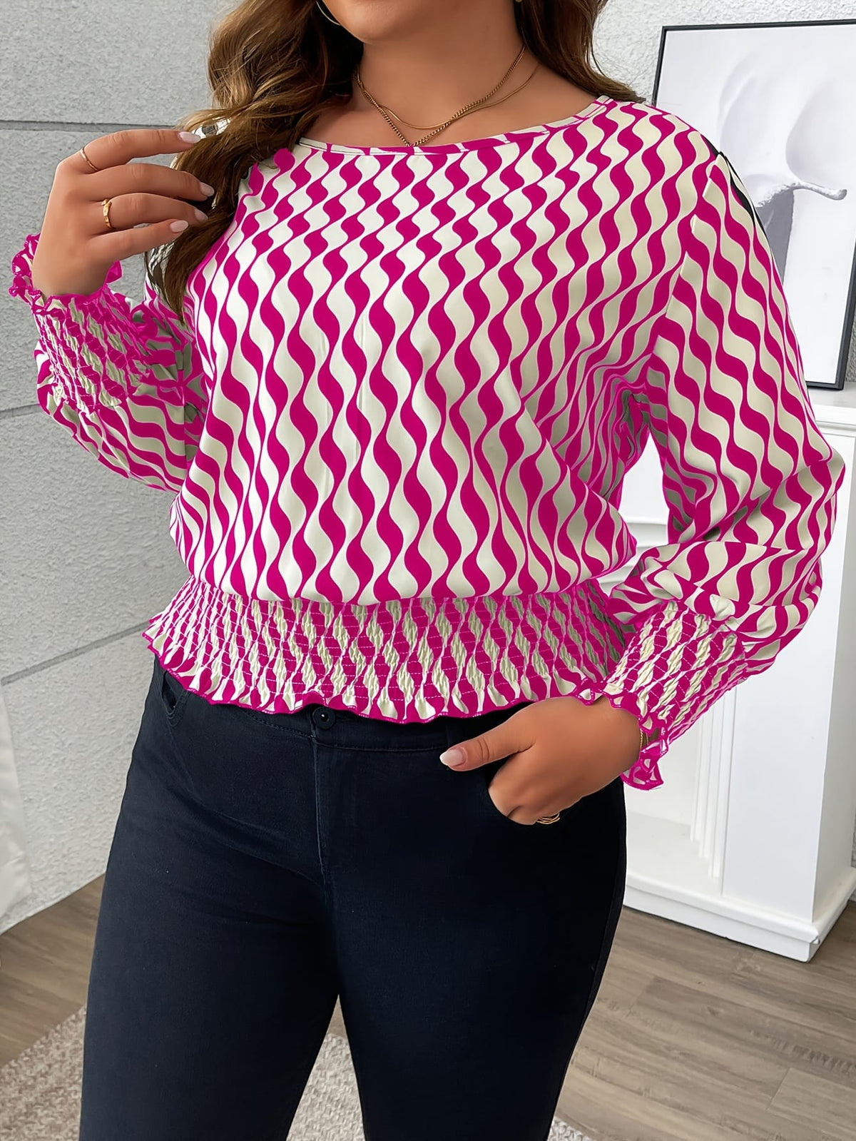 KissICON 100% Polyester Elegant Plus Size Blouses for Women - Crew Neck Shirred Oversized Woven Print Shirt with Non-Stretch Fabric for All Seasons