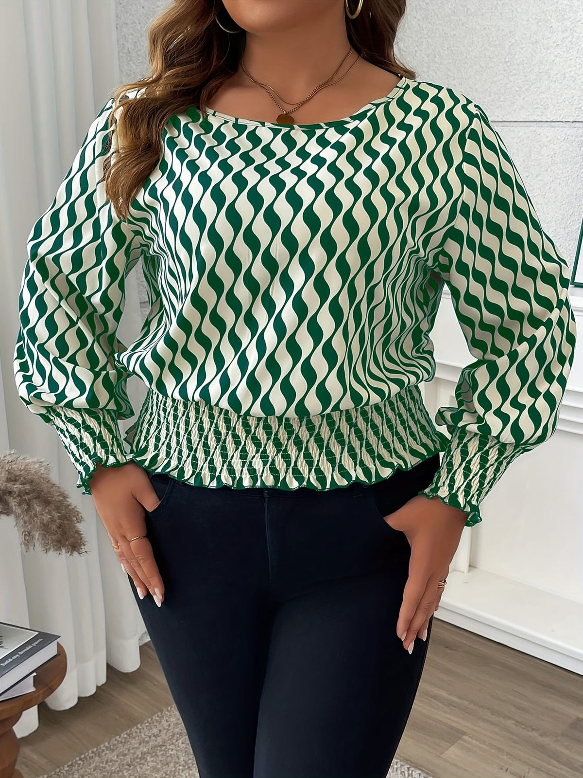 KissICON 100% Polyester Elegant Plus Size Blouses for Women - Crew Neck Shirred Oversized Woven Print Shirt with Non-Stretch Fabric for All Seasons