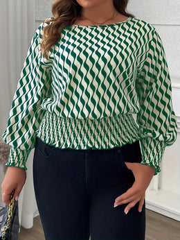 KissICON 100% Polyester Elegant Plus Size Blouses for Women - Crew Neck Shirred Oversized Woven Print Shirt with Non-Stretch Fabric for All Seasons