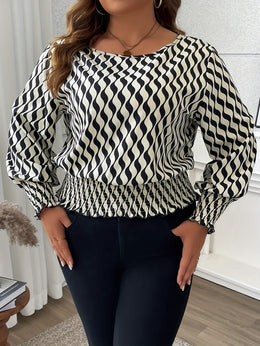KissICON 100% Polyester Elegant Plus Size Blouses for Women - Crew Neck Shirred Oversized Woven Print Shirt with Non-Stretch Fabric for All Seasons