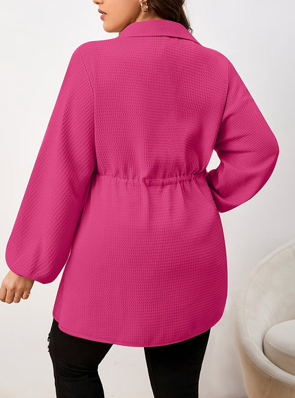 Plus Size - Plus Size, Women'S Elegant Long Sleeve Blouse - Button-Front Shirt with Drawstring Waist, Non-See-Through Fabric for Fall/Winter, Office, Party, Everyday Outfits - Women'S Formal & Casual Tops, Winter Wardrobe, Cl