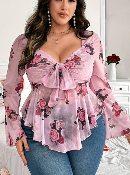 Plus Size Women's Floral Print Long Sleeve T-Shirt - Sweetheart Neckline, Ruffled Hem, Knot Detail, Pink Rose Design, Machine Washable, Romantic Valentine's Day Style, Love Themed Outfit | Nonstretch Fabric, Ladies T Shirts