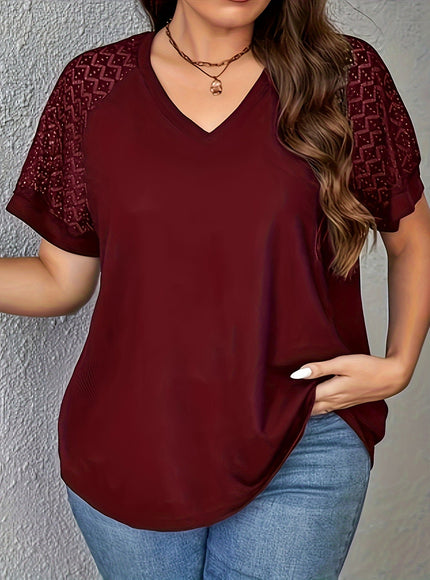 Purple Short Sleeve Elegant V-Neck Women's Plus Size T-Shirt - Contrast Lace Detail, Polyester Knit Fabric, 180gsm - Casual Top for Spring/Summer with Black Text "HANDMADE