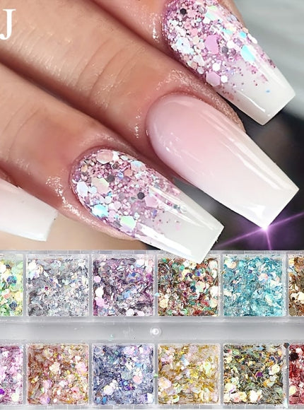 KissICON 12 Grids--DJ Iridescent Hexagon Nail Glitter Sequin 12 Grids Box