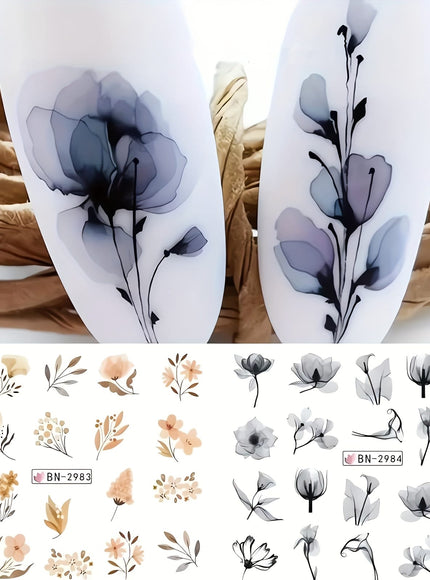 KissICON 12 KissIcon Ink Flower Nail Art Stickers - Water