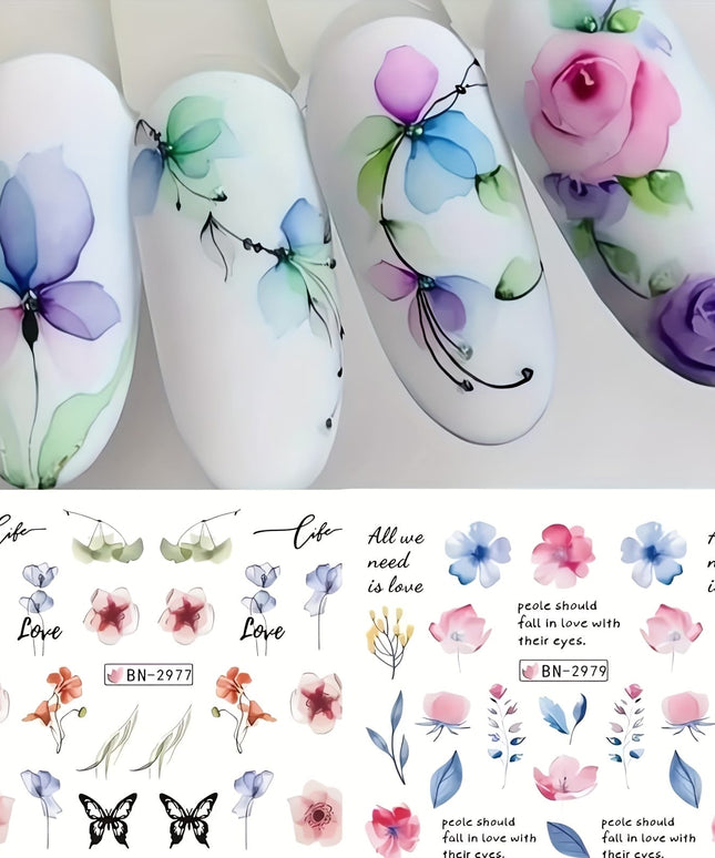 KissICON 12 KissIcon Ink Flower Nail Art Stickers - Water