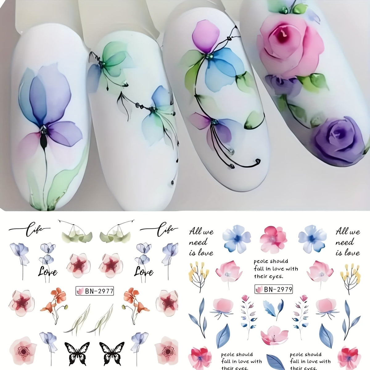 KissICON 12 KissIcon Ink Flower Nail Art Stickers - Water