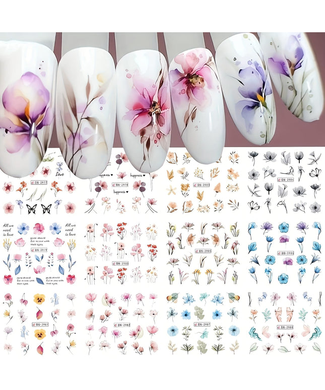 KissICON 12 KissIcon Ink Flower Nail Art Stickers - Water