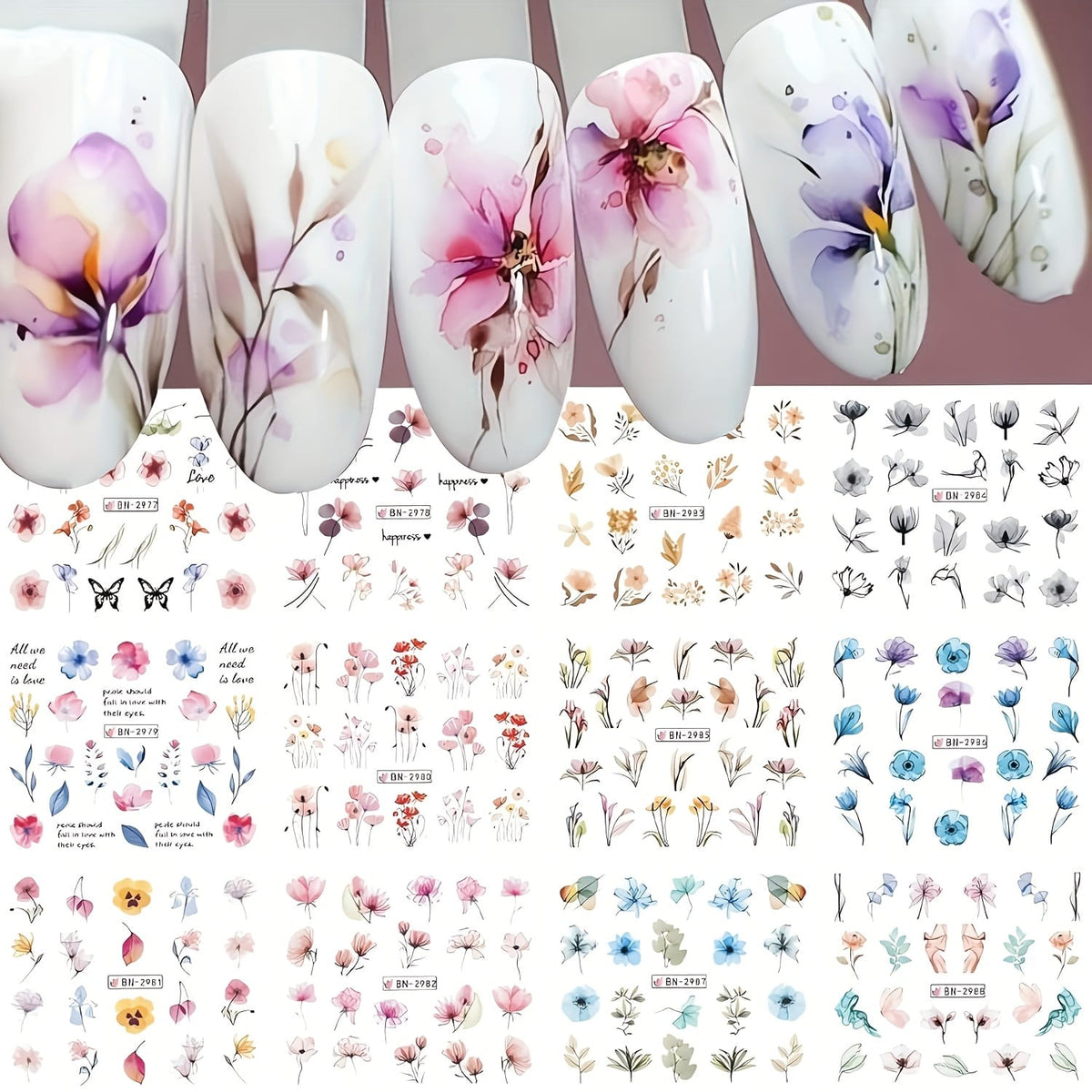 KissICON 12 KissIcon Ink Flower Nail Art Stickers - Water