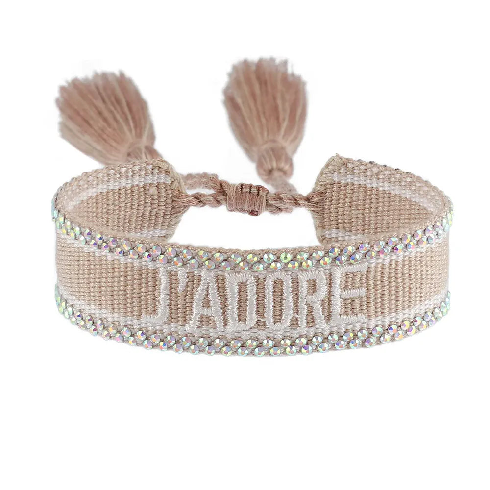 KissICON 12 stone Rhinestone Embroidery Woven Bracelets Adjustable Rope Stackable Bangle For Women